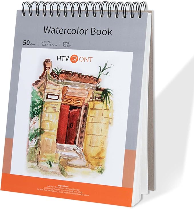 HTVRONT Watercolor Paper 9x12 Inch - 50 Sheets Watercolor Pad, 140 lb/300 GSM Cold Press Watercolor Paper Pad, Spiral Bound for Full Spread & Sturdy Use, Ideal for Wet & Dry Media