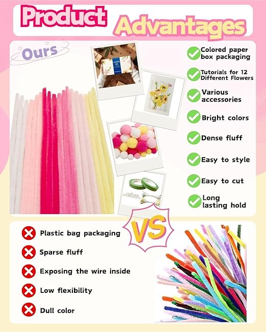 500 Pcs Gradient Pink Pipe Cleaners Flower kit,Chenille Stems for DIY Art Projects Creative Gift,Pipe Cleaners Craft with tutoria,Pearls,Pompoms,Green Floral Wires,Gardening Tape,Stamen