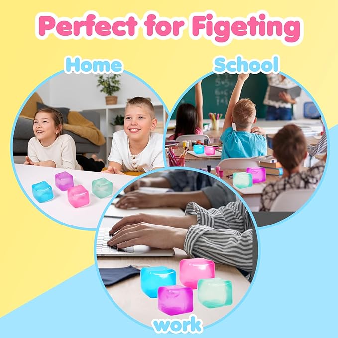 4pack Stress Cube Squishy Stress Balls for Adults Kids Fidget Toy for Your Best Mellow and Chill -Ice Cubes-Square Shape with Filling in Pink Blue Purple Green -Age 3 to Adult(4pcs Cube)