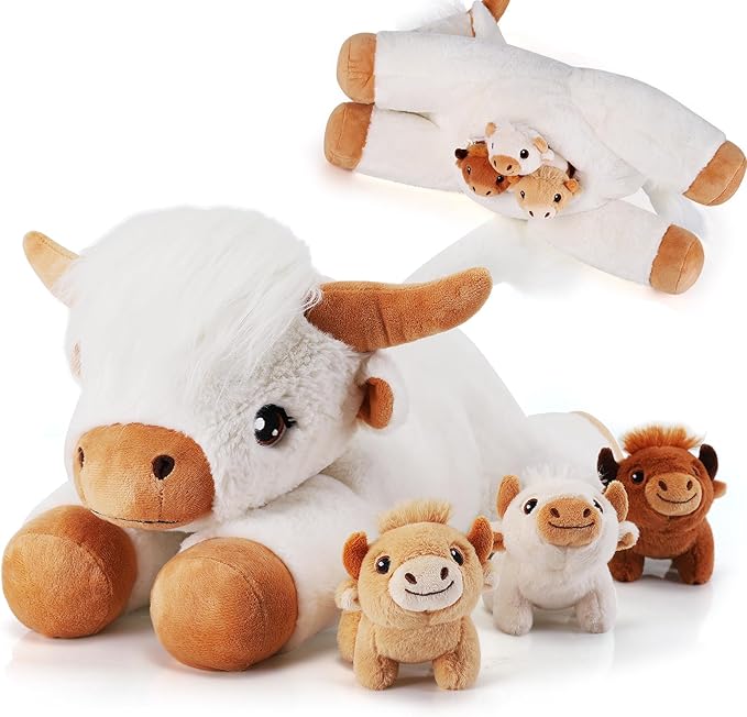 4 Pieces Highland Cow Stuffed Animals - 1 Mommy Stuffed Highland Cow with 3 Babies - White Cow Gifts for Girls Age 3-8, Cows Plush Toys for Christmas, Valentine's, Birthday Gifts (White)