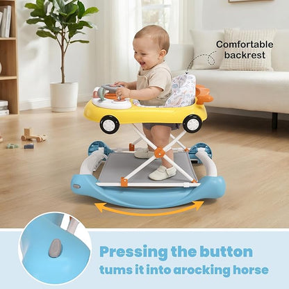 5-in-1 Convertible Baby Walker with Steering Wheel Music Activity Center – Infant Rocker, Jumper, Push Walker, Bouncer & Feeding Foldable Walker for Ages 6-18 Months Boys Girls (Yellow Blue)