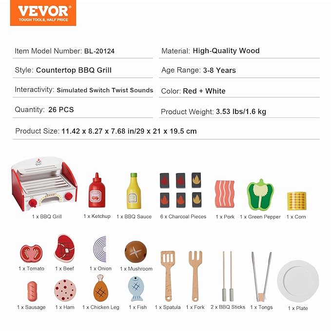 VEVOR Kids BBQ Grill Toy, Wooden Barbecue Kitchen with Realistic Carbon Fire, Wooden Play Food Kitchen Accessory (26 PCS), Indoor/Outdoor Interactive Pretend Play Toys for Boys Girls Ages 3+ Gift