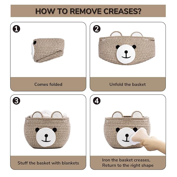 CherryNow Baby Basket for Nursery, Bear Gift Baskets for Kids, Baby Shower Basket with Handles, Small Cute Animal Baskets, Light Brown, 10.5"D x 8.5"H