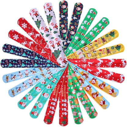 Lumiparty 60 PCS Christmas Kid's Slap Bracelets, Slap Bands,Snap Bracelets,Party Favors Pack with Snowflakes,Santa Claus,Snowman for Kids Valentines Gift Classroom Exchange with 4 Sheets Sticker.