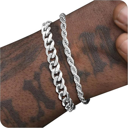 PEALICIOUS Bracelets for Men Jewelry as 2 PCS Silver/Gold Bracelet for Men Chain, 7-10In Stainless Steel Bracelets for Men Fathers Days Gifts for Boys Pulseras Para Hombres Mens Accessories