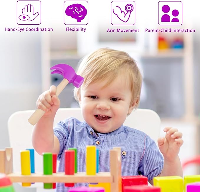 Fowecelt Wooden Hammer Toys Simulation Hammers Maintenance Tools Educational Toys for Kids Birthday Party Games Supplies (Purple)