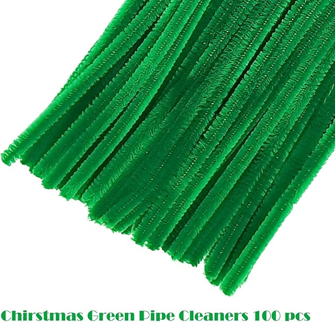 Swpohrat 100 Pieces Christmas Green Pipe Cleaner Craft Set,Thick Fuzzy Chenille Stem Pipe Cleaners for DIY Craft Projects and Decorations