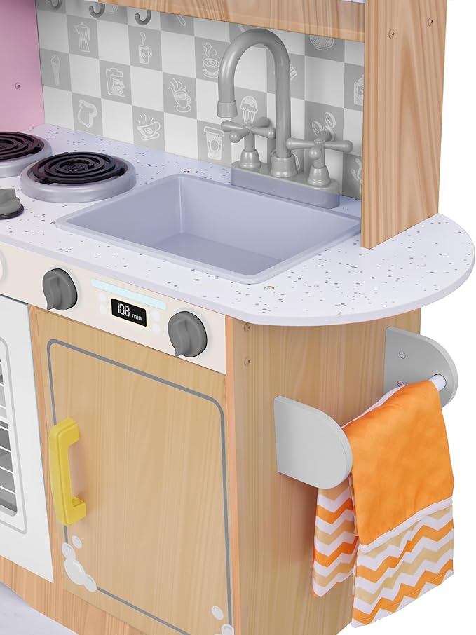 Lil' Jumbl Kids Kitchen Set, Pretend Wooden Play Kitchen with Chalk Board, Play Phone, Towel Rack & Ice Dispenser, Clicking Knobs, Pots & Utensils Included - Natural