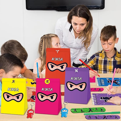 84pcs Karate Party Favor Colorful Karate Paper Bag Notepad Pen Slap Bracelets Key Chain TPR Stretchy Flying Toys Stickers Karate Party Supplies for Boys Girls Birthday Classroom Activities Party Kits