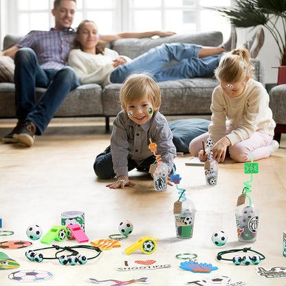 LiYiQ 158 Pcs Soccer Party Favors Soccer Party Supplies with Cup Straw Stress Ball Keychain Sticker Slaps Bracelets Whistle Thank You Tags for Soccer Birthday Decorations (Soccer)