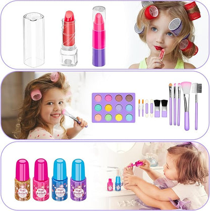 Hollyhi 58 Pcs Kids Makeup Kit for Girl, Princess Toys Real Washable Cosmetic Set with Mirror, Kids Makeup Sets for Girls, Play Make Up Birthday Gifts for 3 4 5 6 7 8 9 10 11 12 Years Old Kid(Purple)