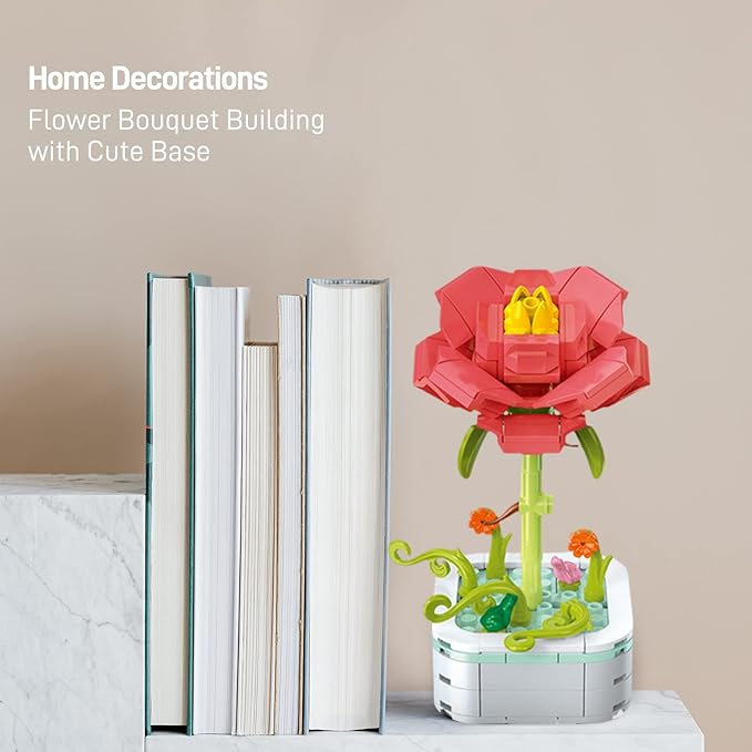 Flower Bouquet Building Set with Base, Flower Building Set Artificial Plant Flowers Building Blocks for Home Office Decor, Birthday Gifts, Desktop Trinkets Age 6+