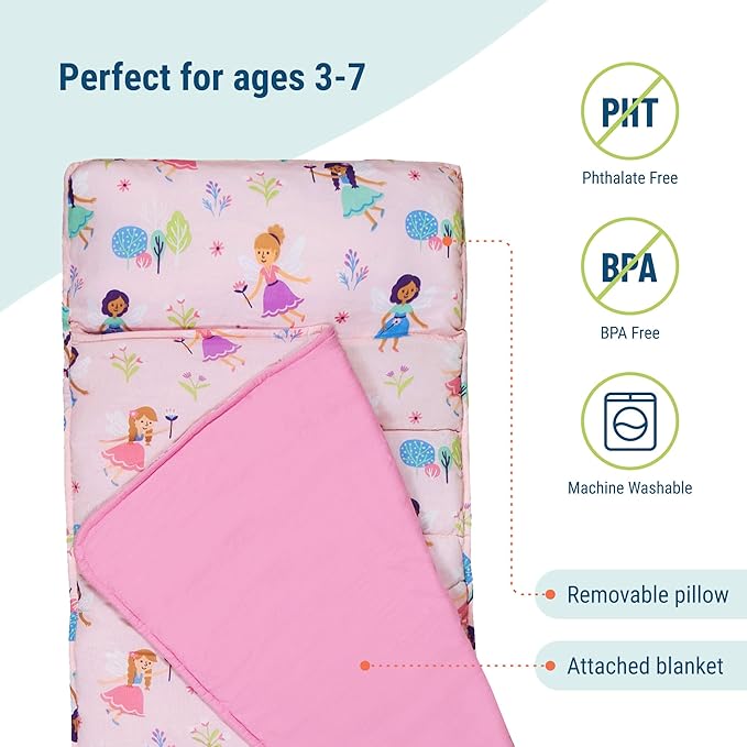 Wildkin Original Nap Mat with Reusable Pillow for Boys & Girls, Perfect for Elementary Daycare Sleepovers, Features Hook & Loop Fastener, Cotton Blend Materials Nap Mat for Kids