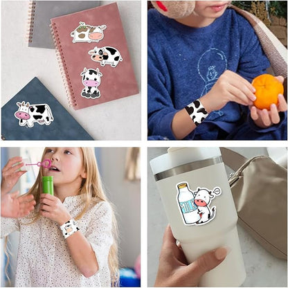 74 PCS Cow Party Favors Include 24 Pcs Cow Print Slap Bracelet 50 Pcs Cow Stickers Pack Cow Print Stuff Cute Cow Birthday Party Decorations Supplies for Kids Girls Boys Gifts Classroom Prizes
