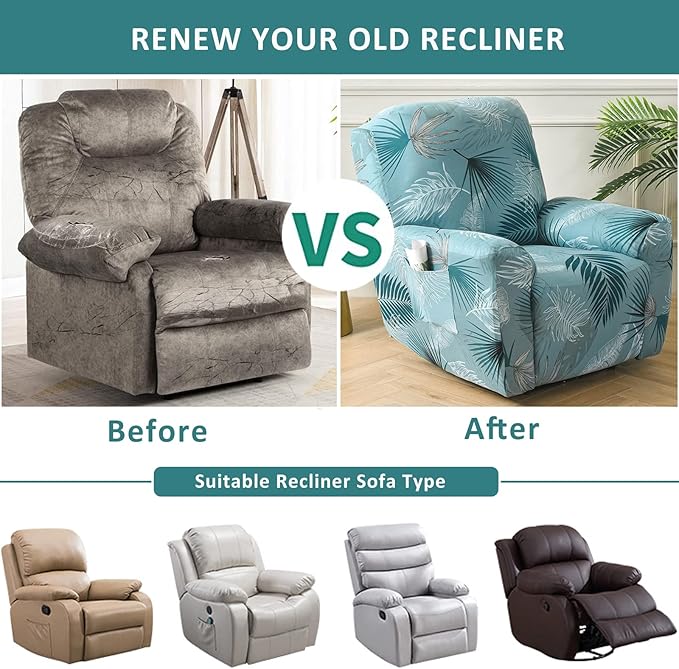 NILUOH Recliner Slipcover 4 Pieces Stretch Printed Lazy Boy Chair Covers with Side Pocket Recliner Sofa Couch Cover Anti-Slip Fitted Recliner Cover Furniture Protector with Elastic Bottom,19