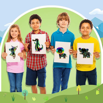 RoundFunny 80 Pcs Jungle Safari Animal Scratch Cards Party Favors Colorful Wild Scratch Painting Scratch Off Paper for Kids DIY Art Craft Kit with 80 Pcs Stick and Ribbon for Birthday Party Ornaments