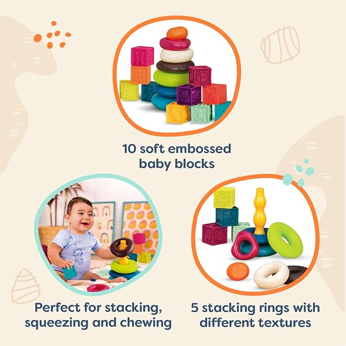 B. toys – Baby Blocks & Stacking – 10 Numbered Blocks & 5 Colorful Rings – Building Play Set for Infants – Educational Toys – One Two Squeeze & Stacking Stones – 6+ Months