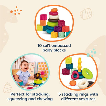 B. toys – Baby Blocks & Stacking – 10 Numbered Blocks & 5 Colorful Rings – Building Play Set for Infants – Educational Toys – One Two Squeeze & Stacking Stones – 6+ Months