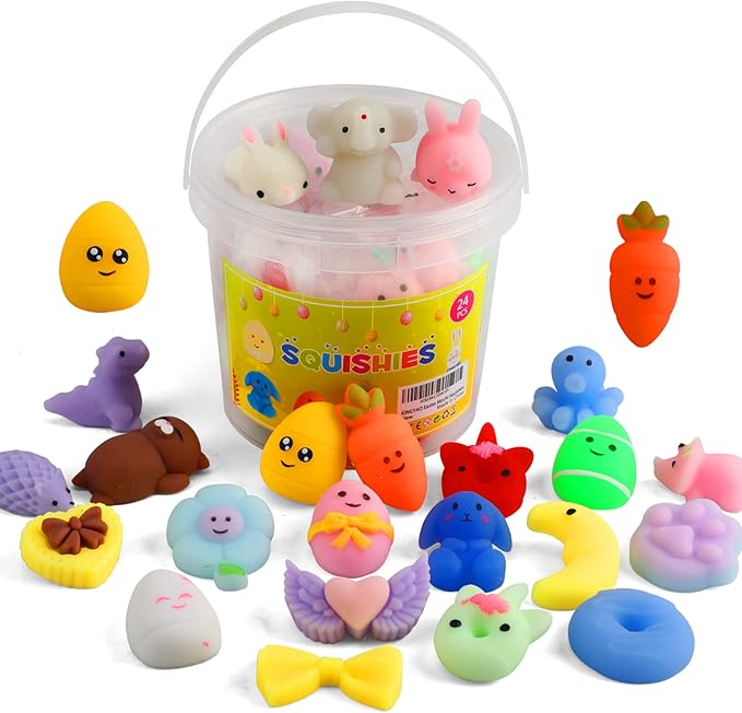 KINGYAO Easter Mochi Squishies, 24 pcs - Basket Stuffers & Egg Fillers for Kids, Teens, and Toddlers - Fidget Toys, Classroom Prizes, Party Favors (Ages 4-12)