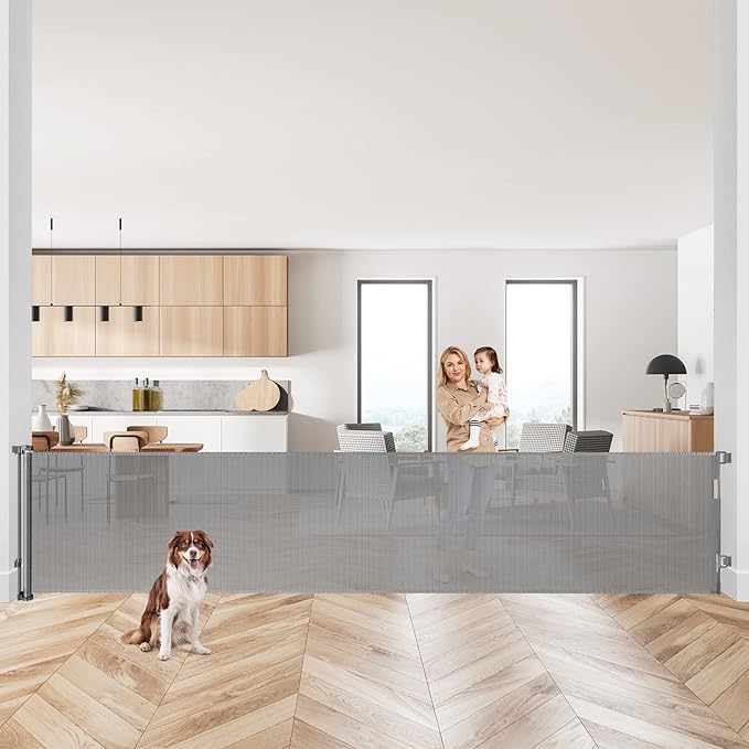 145 Inch Extra Wide Retractable Baby Gate for Large Openings Long Baby Gate Indoor Outdoor Mesh Baby Gate Retractable Gate Dog Gates for The House Extra Wide Retractable Dog Gate for Doorways, Gray