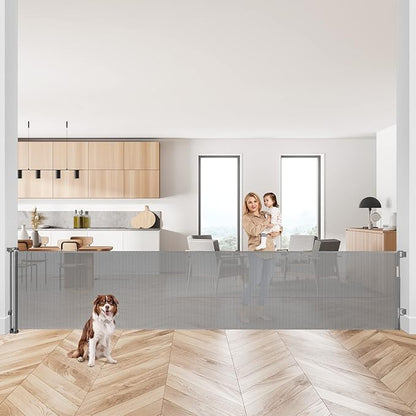 145 Inch Extra Wide Retractable Baby Gate for Large Openings Long Baby Gate Indoor Outdoor Mesh Baby Gate Retractable Gate Dog Gates for The House Extra Wide Retractable Dog Gate for Doorways, Gray