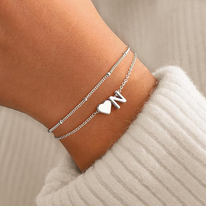 M MOOHAM Mothers Day Gifts for Kids Teens Girls - 14K-Gold-Plated Heart Initial A-Z Bracelets for Women Girl Dainty Gold Bracelets Birthday Mothers Day Gifts for Mom Grandma Teenage Girls Kids Teens