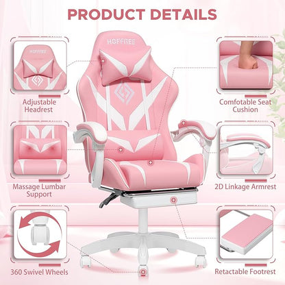 HOFFREE Pink Gaming Chair with Massage for Girls Cute Computer Gamer Chair with Footrest and Lumbar Support Reclining PC Game Chair with Headrest for Gaming Room