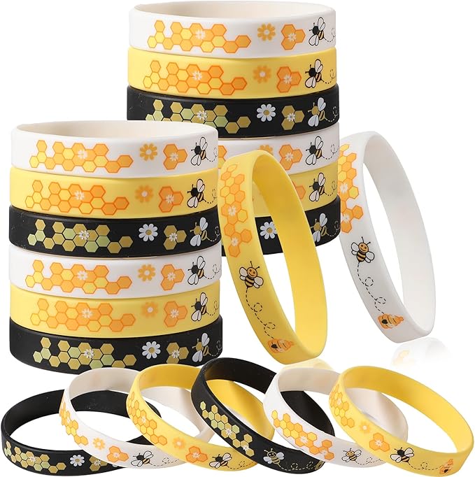 Bee Bracelet Silicone Bee Wristband Assorted Color Bee Theme Party Favors Bee Teachers Decorations Classroom Decorations Bees Wristband for Boy Girl Bee Birthday Baby Shower Party Supply (192 Pieces)