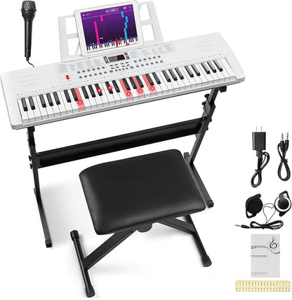 Ktaxon 61 Key Keyboard Piano Electric Keyboard w/Lighted Keys, Electric Piano Set with Headphones, Microphone, Music Rest, Power Adapter, Stand, Piano Bench and Manual (Full-White)