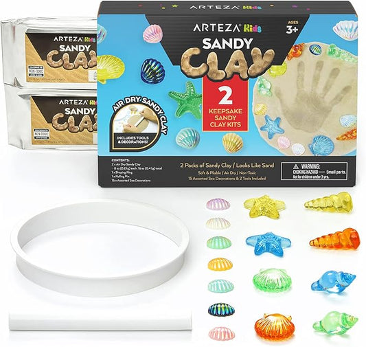 Arteza Kids Air-Dry Modeling Clay Kit, 2 x 0.8-oz Packs, Handprint and Baby Footprint Kit, Paw Print Keepsake, with Sandy Clay Tools and Accessories for Kids’ Crafts and Sensory Play