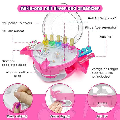 BATTOP Kids Nail Polish Set for Girls, Nail Art Kit for Kids with All-in-One Organizer Nail Dryer, Polish, Stickers, Gems, Filer - Ideas Gift for Girls 6 7 8 9 10 11 12 - Dress-Up Toy