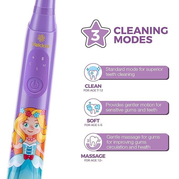 Vekkia Sonic Rechargeable Kids Electric Toothbrush, 3 Modes with Memory, Fun & Easy Cleaning, 24000 Strokes, IPX7 Waterproof, 2-Min Timer for Age 5+, 4 Soft Bristles(Purple)