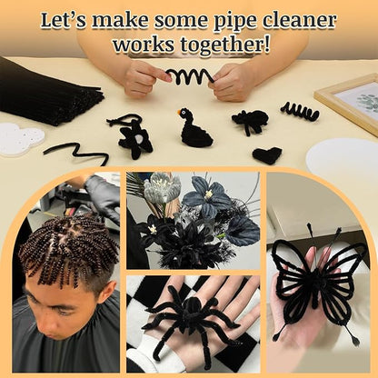 Zlulary 600 PCS Pipe Cleaners, Black Pipe Cleaners for Hair, Pipe Cleaner Crafts Fluff Fuzzy Stick Pipe Cleaners Bulk for Wig Weaving DIY Halloween Decorations