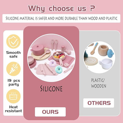 Play Kitchen Accessories, Silicone Pretend Play Kitchen Toys Set, Play Kitchen Pots and Pans Set for Kids, Learning Education Cooking Toys for Girls(Pink)