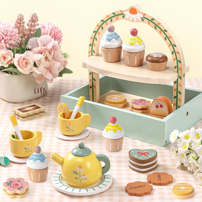 Toyssa Wooden Tea Party Set for Little Girls Toys Toddler Tea Set with Storage Cupcake Stand & Play Kitchen Accessories, Wooden Toys for Toddlers 2 3 4 5 6 Years Old, Birthday Kids Girls Gifts 1-3