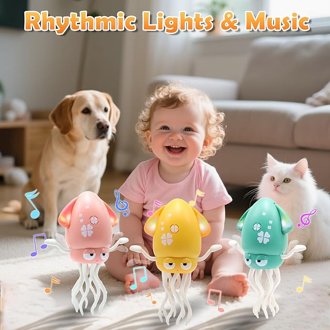 Pbooo Magic Dancing Octopus Toy, Electric Crawling with LED Lights and Music, Rechargeable Music Squid Baby Toy for 3-6 Year Olds, Tummy Time and Toddler Walking Toy, Birthday Gift, Yellow