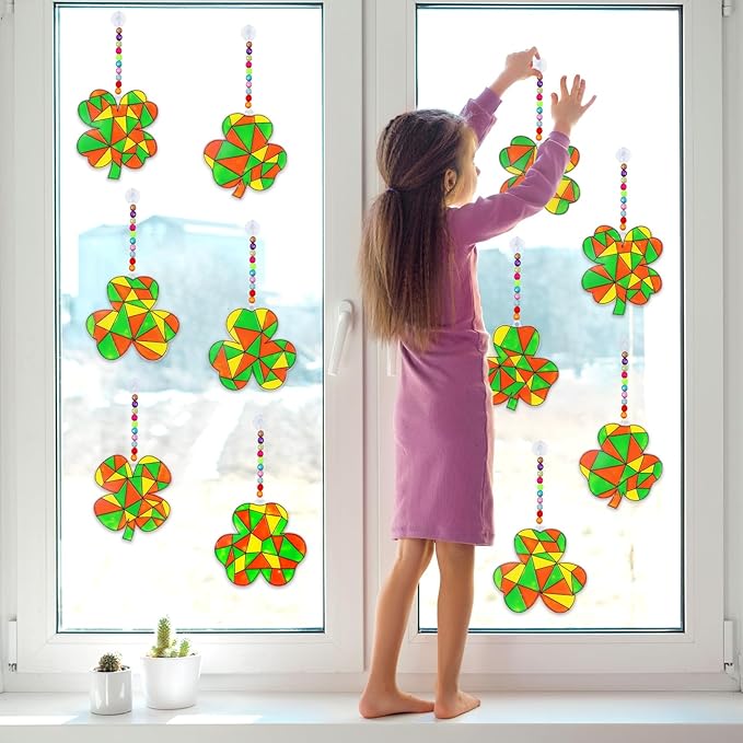 Qyeahkj 32 Sets St. Patrick's Day Suncatcher Crafts Kit for Kids DIY Shamrock Window Paint Suncatcher Arts Crafts Window Ornament Decor for St. Patrick's Day Gift Classroom Art Project Gift Favor