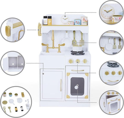 Teamson Kids Versailles Petite Classic Kids Wooden Interactive Play Kitchen, White with Faux White Marble and Gold