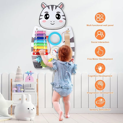 Sensory Wall Panels for Kids - 5 Activities Zebra Wooden Wall Mounted Toy for Daycare - Safety Decor for Toddlers Sensory Playroom