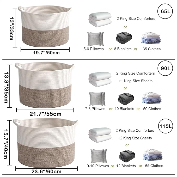 90L Extra Large Blanket Basket,Rope Woven Storage Basket with Handles, Laundry Hamper for Toys, Clothes, Pillows & Towels, Perfect for Living Room, Nursery & Bedroom, White & Brown