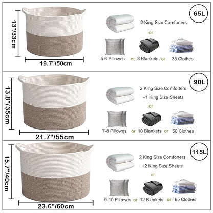 90L Extra Large Blanket Basket,Rope Woven Storage Basket with Handles, Laundry Hamper for Toys, Clothes, Pillows & Towels, Perfect for Living Room, Nursery & Bedroom, White & Brown