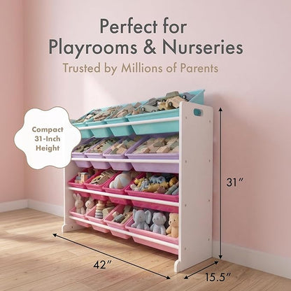 Humble Crew Toy Storage Organizer with 16 Removable Storage Bins for Kids Playroom, 4-Tier Toddler Toy Organization and Storage, White/Blue/Pink/Purple