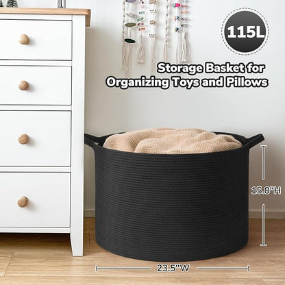 Goodpick Large Storage Basket, 23.5'' x 15.8'' Woven Storage Baskets, Cotton Rope Toy Storage for Kids Decorative Laundry for Home, Perfect for Living Room, 115L Black