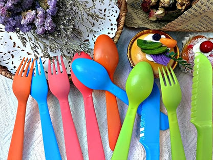Kids Cutlery Set - Jawbush 9 Pcs Plastic Toddler Utensils Forks and Spoons with Knives for School Lunch Box Camping or Travel, Reusable Kids Silverware Set with Bright Colors, Dishwasher Safe