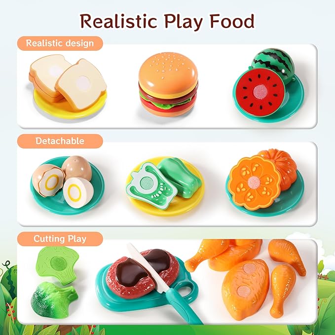 Kids Deluxe Cutting Playset Includes Sliceable Fruits, Vegetables, Pizza, Knife & Fork-Fun&Educational Pretend Play Kitchen Toy for Toddlers and Children-Safe and Realistic Food Cutting Set