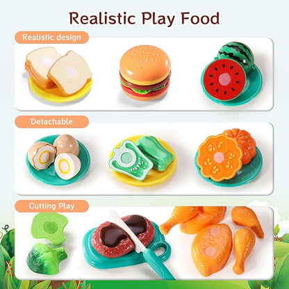 Kids Deluxe Cutting Playset Includes Sliceable Fruits, Vegetables, Pizza, Knife & Fork-Fun&Educational Pretend Play Kitchen Toy for Toddlers and Children-Safe and Realistic Food Cutting Set