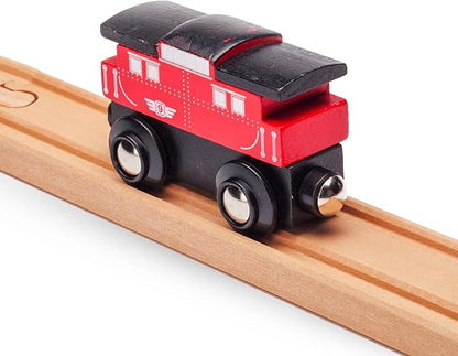 inc. Wooden Train Caboose, Rolling Caboose Car with Magnetic Connector, Brightly Painted Red Wooden Car, Compatible with Thomas & Friends, BRIO, and Major Brand Wooden Railways