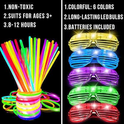 125 Pack Glow in The Dark Party Supplies Light Up Party Favors with 100 Glow Sticks and 25 Led Glasses Shutter Shades Sunglasses Neon Glow Accessories for Kid Adult Wedding Birthday Concert Party