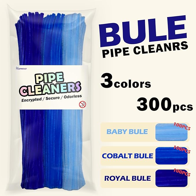 Blue Color Trio Pipe Cleaner Set - 300pcs, Thick Fluffy Chenille Stems for Arts & Crafts, Perfect for Making Animals, Flowers, and Festive Decorations(12 inches x 0.24 inches)