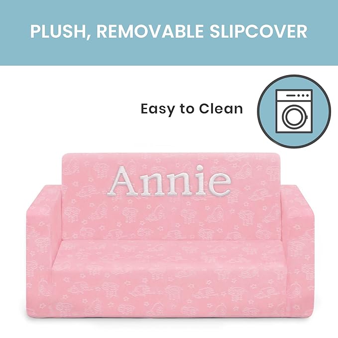 Delta Children Serta Perfect Sleeper Personalized Extra Wide Convertible Sofa to Lounger, Comfy 2-in-1 Flip Open Couch/Sleeper for Kids, Pink